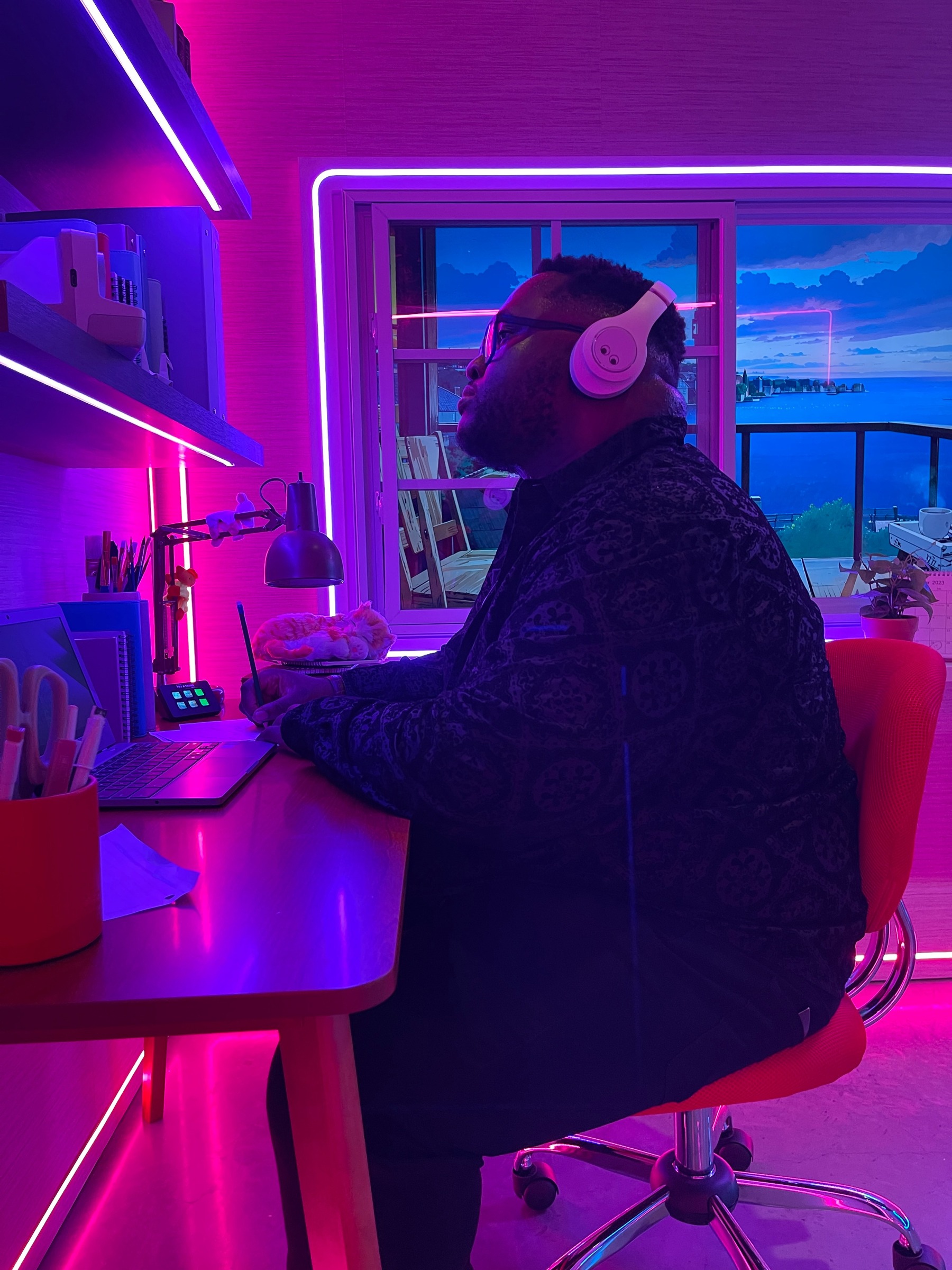 Tony Destin in neon studio