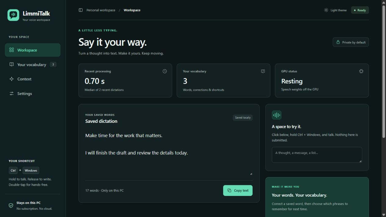 LimmiTalk mint and teal dictation workspace with synthetic demo text